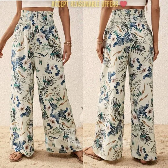 Wide Leg Pants, High Waist Boho Tropical Print Flowy Hippie casual beach pants - Picture 1 of 8